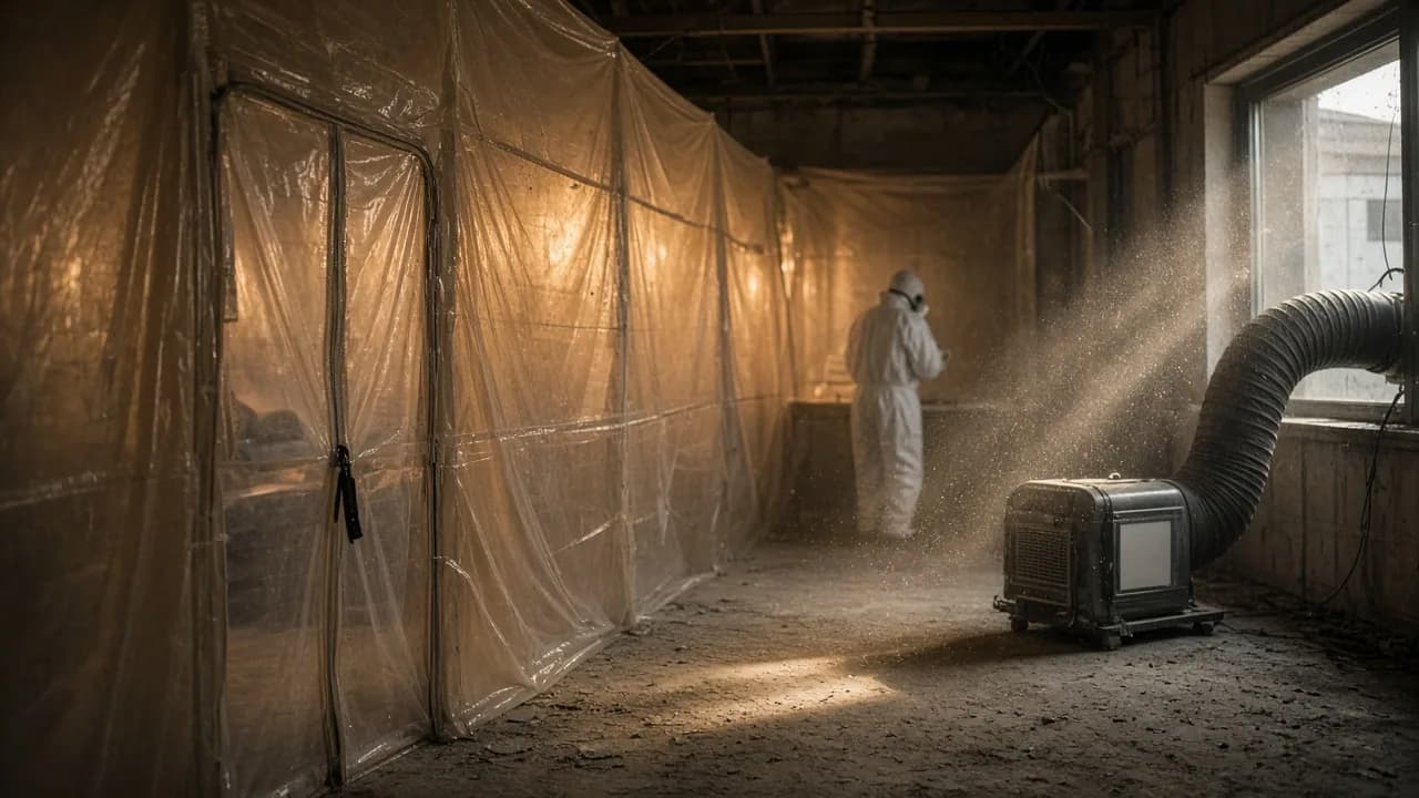 Abatement crew working inside a negative-pressure containment