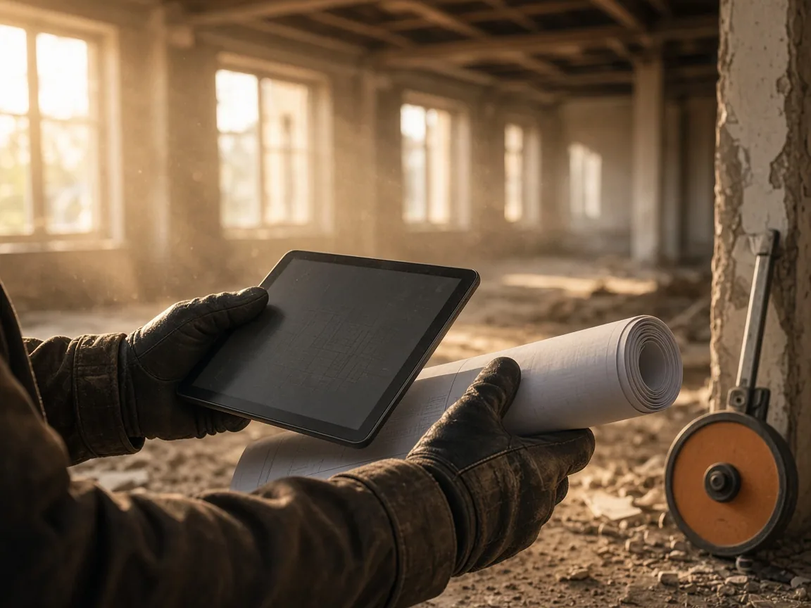 Estimator marking up a demolition scope on a plan set