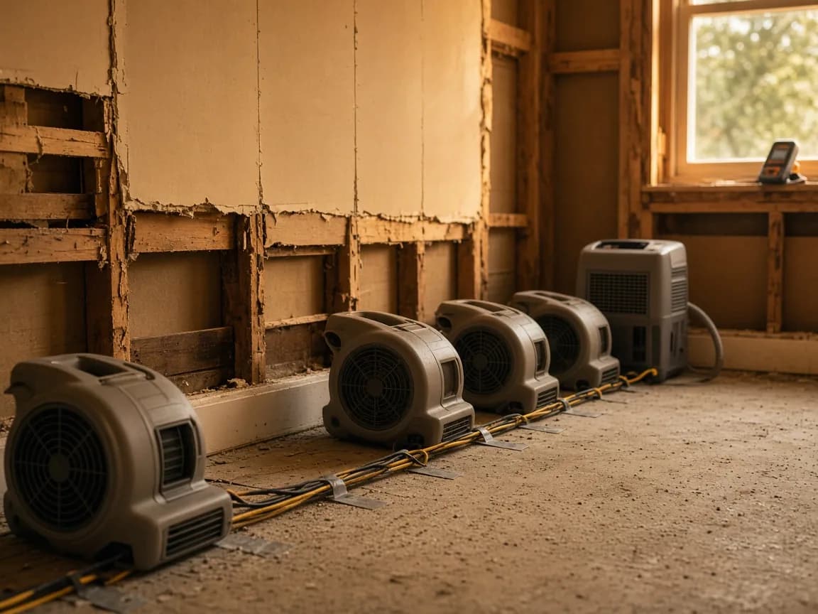 Air movers and dehumidifiers running through a structural dry-out