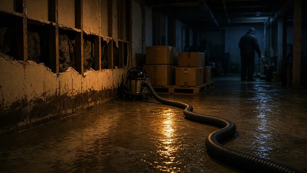 Restoration technician working a flooded basement at night