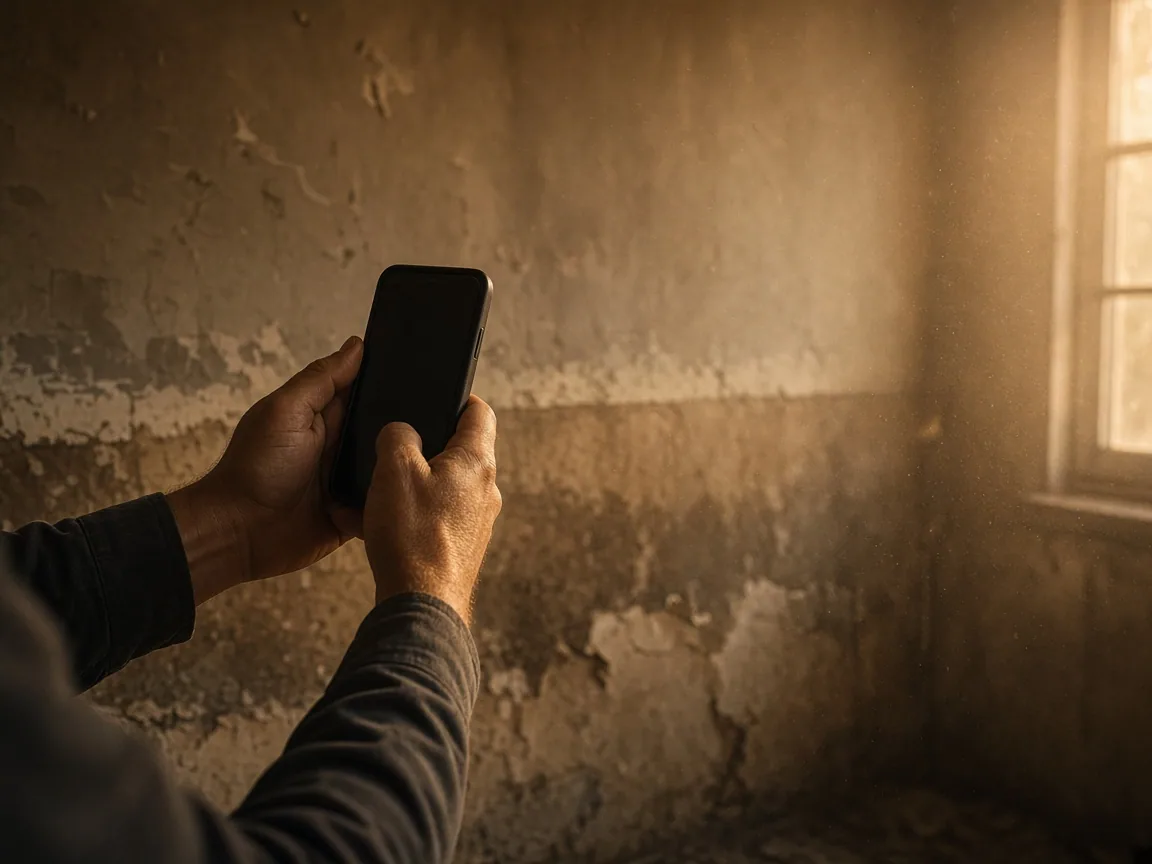 Ein Handwerker fotografiert eine wassergeschädigte Trockenbauwand mit dem Telefon