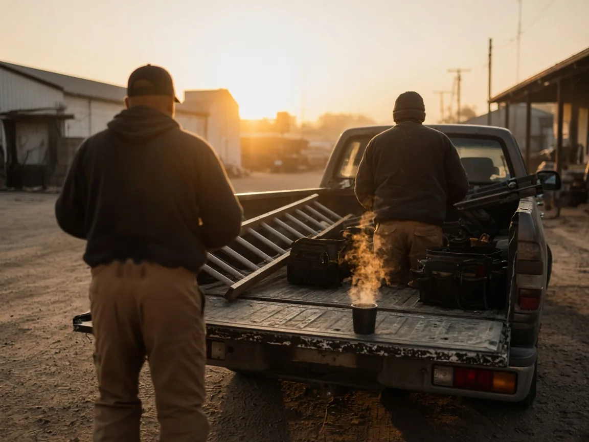Eine Kolonne belädt bei Sonnenaufgang einen Pritschenwagen