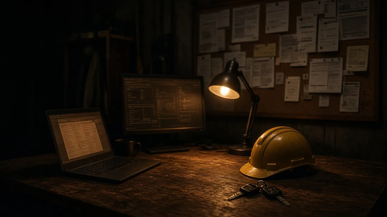 A trade business back office at night, where the paperwork gets done