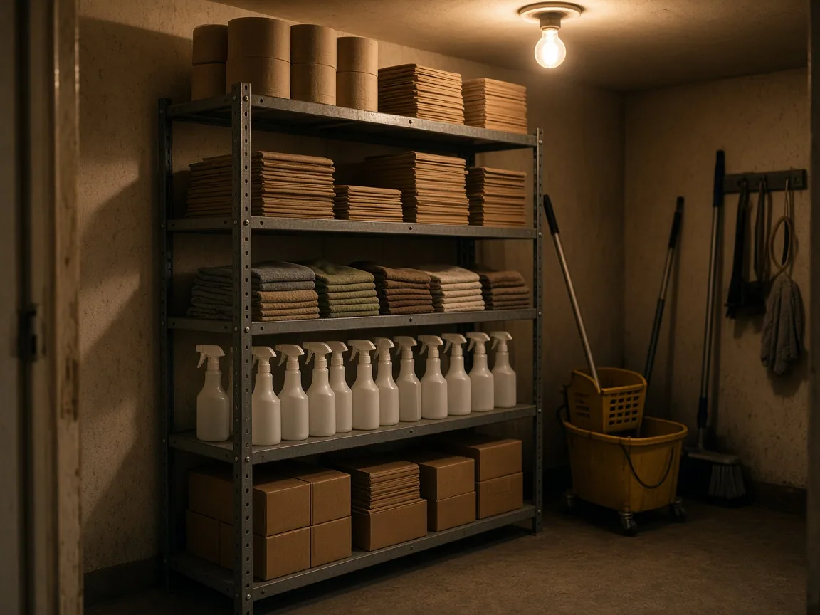 Janitorial supplies and floor equipment staged in a storage room