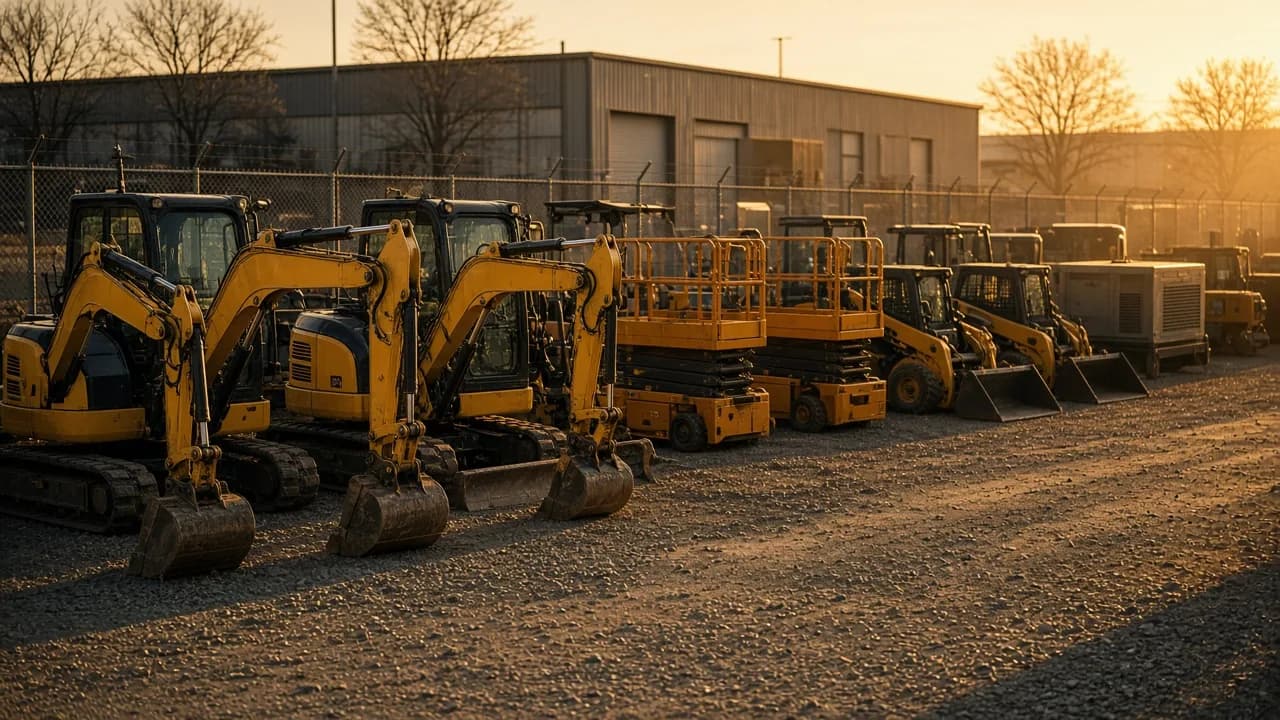 Rental yard with construction equipment ready for dispatch